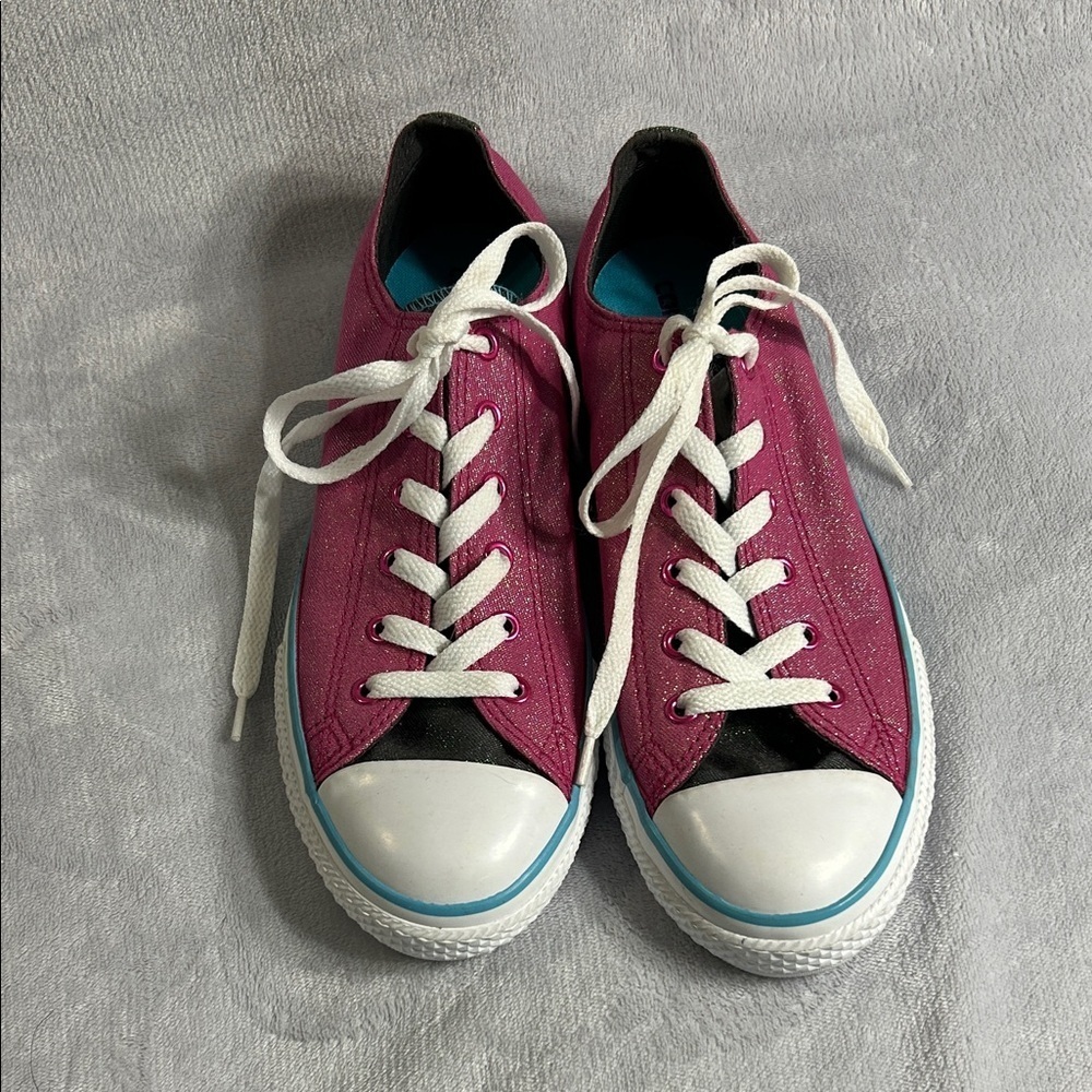 Converse All Star Kids Pink Glitter Sneakers With Double Tongue Size 6 Junior